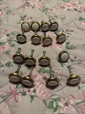 Set of 16-Gold & Ceramic Knobs/Drawer Pulls. Some will Need Screws